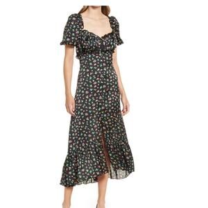 Zara Satin Midi Dress Medium Berry Floral Print Sweetheart Neckline Puff Sleeve